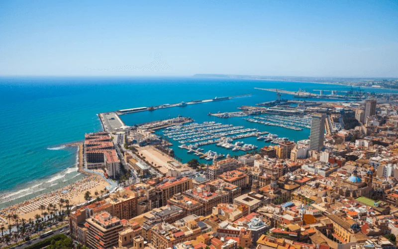Alicante marina and cityscape view from above on a sunny day in Spain