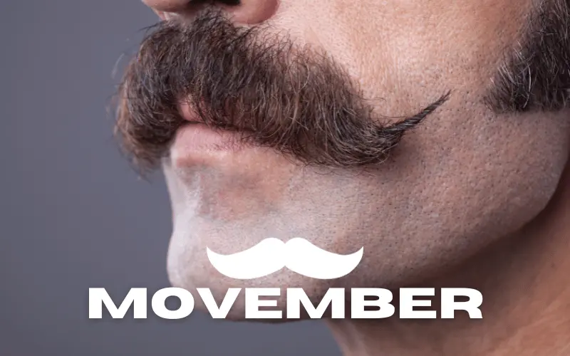 Close-up of man with styled mustache promoting Movember men's health awareness